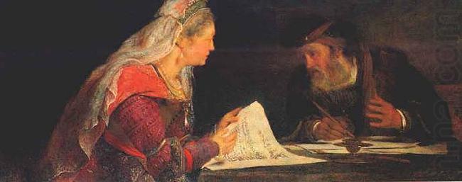 Esther and Mordechai writing the second letter of Purim, Aert de Gelder